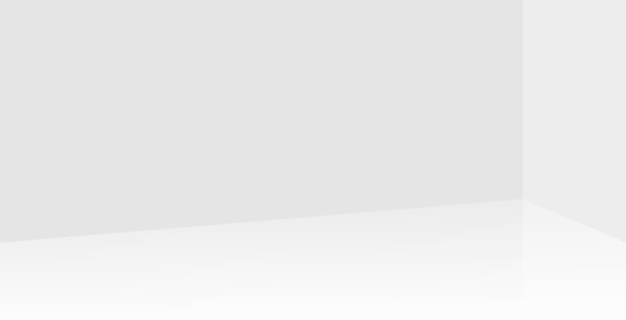 White empty room. Clean, light walls are reflected in smooth surface of floor. Simple uniform background for interior design. Blank corner of studio.