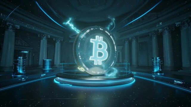 Glowing Bitcoin logo on futuristic blue neon platform, cryptocurrency concept