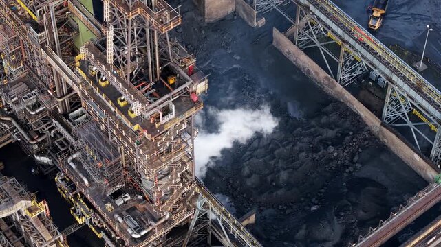 Close up aerial drone view of industrial coking units and dark petroleum coke piles for energy generation at Immingham refinery UK