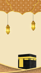 A minimalist vertical background featuring the Kaaba, glowing decorative lanterns, and intricate...
