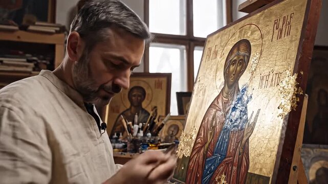 Skilled Orthodox icon painter meticulously crafts a religious icon with gold leaf and vibrant paints in a traditional art studio setting.
