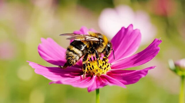 Closeup macro shot of a fuzzy bumblebee collecting nectar from a vibrant pink cosmos flower in a sunny garden showcasing pollination and natures beauty.