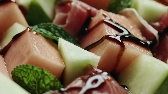 Close Up of Fresh Cantaloupe Honeydew and Prosciutto Salad Drizzled with Balsamic Glaze.