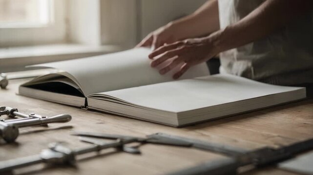 Craftsman assembling a largeformat photography book with thick pages the softfocus implies meticulous care and highend finishing processes.