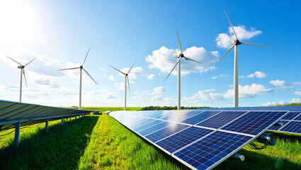 Wind turbines and solar panels harvesting natural resources for a greener future © Sabbir Digital