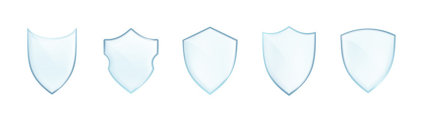 Transparent glass shield icon with realistic design, crystal-clear protective emblem symbolizing security and safety in modern vector illustration