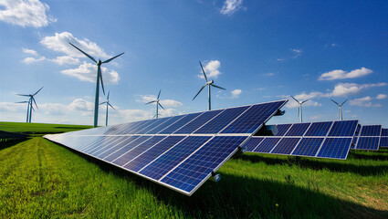 Solar Panels and Wind Turbines on a Green Field Under Blue Sky for Renewable Energy © Sabbir Digital
