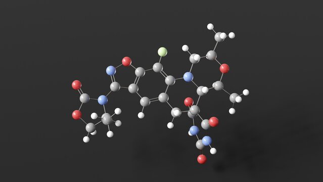 zoliflodacin molecule 3d, molecular structure, ball and stick model, structural chemical formula spiropyrimidinetrione antibiotic