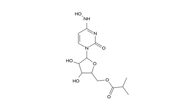 molnupiravir molecule, structural chemical formula, ball-and-stick model, isolated image antiviral drug