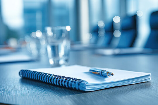 Notepad for agenda kept on table in empty corporate conference room before business meeting in blue tone 