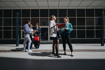 A group of business colleagues stand outside a modern office building reviewing documents and folders. Two women and three coworkers engage in a casual meeting and conversation on the plaza.