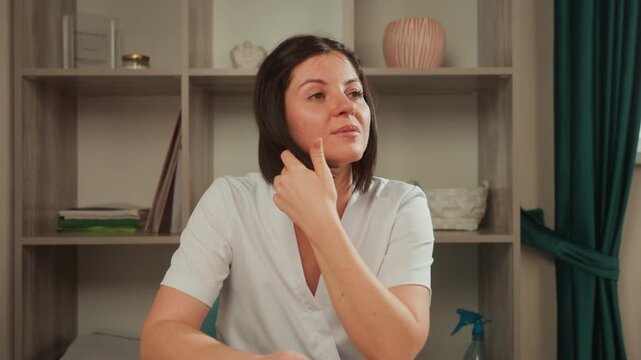 Woman demonstrating microcurrent facial at home, cozy studio setting, esthetician role performing gentle jawline massage with microcurrent device, soft neutral lighting, shelf decor, teal curtains,