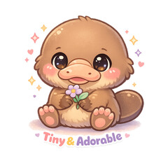 Fototapeta premium tiny baby platypus with a flower, adorable chibi platypus illustration, cute pastel animal character design, soft brown and blush pink palette, tiny webbed feet detail, holding a small daisy flower, r