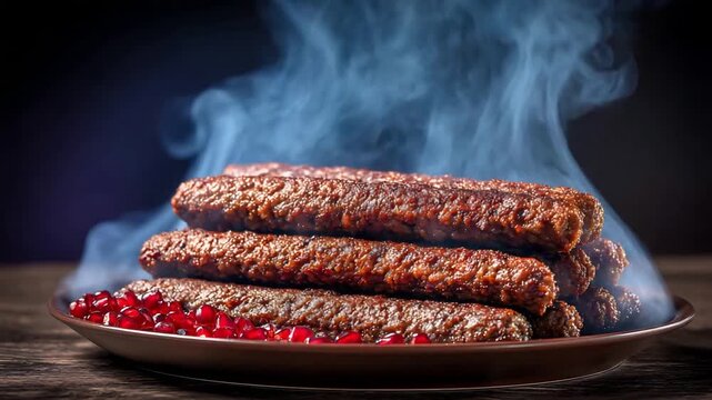 Delicious grilled ground meat kebabs steaming warmly on a plate with vibrant pomegranate seeds.