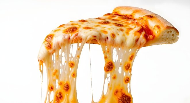 Melted cheese pizza slice with strings of mozzarella