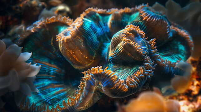 Vibrant Giant Clam with Iridescent Mantle on Tropical Coral Reef