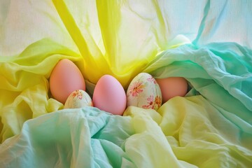 Colorful easter eggs nestled in soft fabric layers