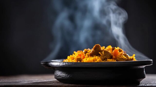 Warm fragrant pilaf with succulent meat rising steam on a dark rustic table.
