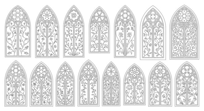A collection of intricate gothic arched window designs with detailed floral and botanical patterns, presented as black and white line art.