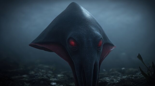 Mysterious Vampire Squid with Fiery Red Eyes Lurking in the Dark Ocean Depths