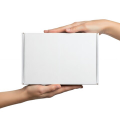 Obraz premium Two hands holding a blank white rectangular object against a white background