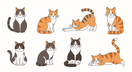 Fototapeta premium A collection of eight cute cartoon cats in different poses and fur patterns, including sitting, stretching, and lying down, on a white background.