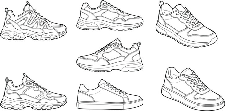 Sneaker outline collection set, multiple shoe styles, side perspective footwear sketches, minimal line art, flat vector illustration