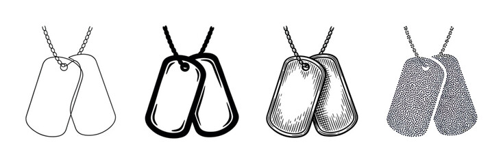 Dog tags military identification chain necklace vector illustration set showcasing diverse artistic styles for graphic design.