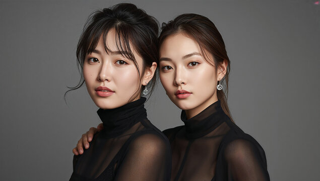グレー背景のスタジオで並ぶ黒いシースルー衣装の日本人女性2人のポートレート