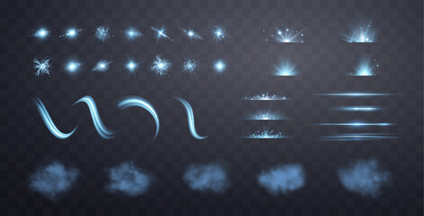 Fototapeta premium Blue lens flares, lines, flashes and smokes set. Spotlight with rays or and bokeh. Glow flare light effect. Isolated on transparent background. Vector illustration.