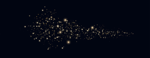 Gold glittering dots, particles, stars magic sparks. Glow flare light effect. Yellow luminous points. Vector particles on black background. © Elena