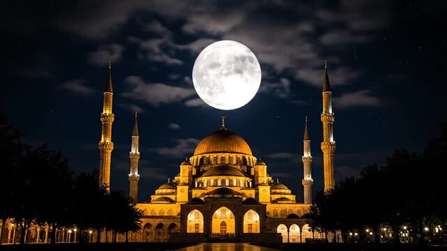 Majestic mosque with illuminated domes and minarets under full moon night scene