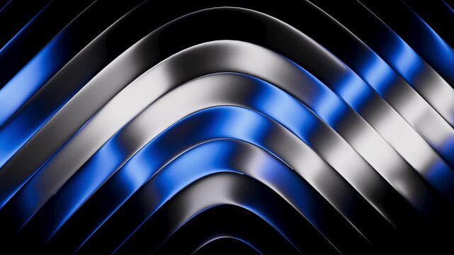 Blue and silver metallic waves flowing behind a refractive glass layer. Seamless 3D loop with a modern liquid metal effect. 3D render motion.