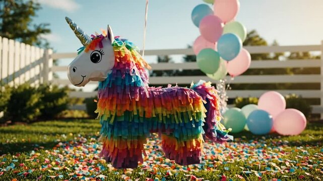 Rainbow unicorn pi&Atilde;&plusmn;ata hanging in a grassy yard, surrounded by balloons and confetti for a birthday party celebration