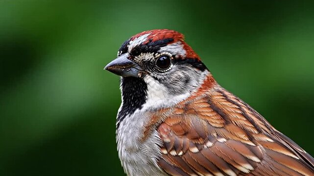 Brown and white house sparrow perched on a branch looking sideways, with a soft green bokeh background, natural setting.
