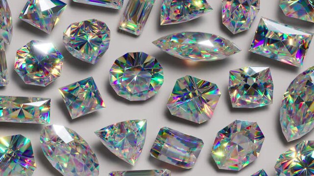 Colorful diamonds rolling with rainbow dispersion. Seamless loop of sparkling gems for statement jewelry visuals and red carpet glam. 3D render motion.