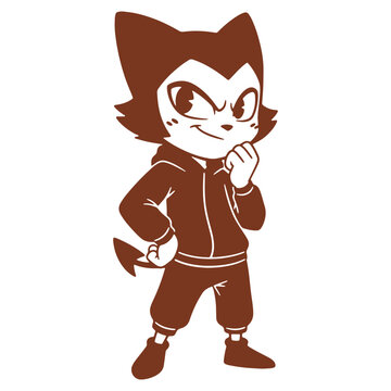 Cartoon Cat Character with Devilish Charm in Casual Hoodie and Mischievous Expression Isolated on White Background
