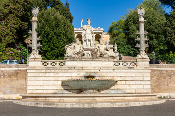 Della Dea Roma fountain on Piazza del Popolo square at Pincian hill, Rome, Italy