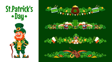Fototapeta premium St Patrick's Day dividers, separators and border frames for Irish holiday, vector decorations. Funny leprechaun character, shamrock clovers, Ireland flag ribbon and gold coins for St Patrick dividers