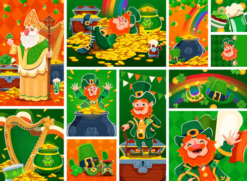 Happy St Patrick's day leprechaun characters and holiday icons. Cartoon vector festive collage with traditional Irish personages, shamrock clover, pot of gold, treasure chest, rainbow and horseshoe