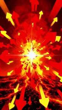 Dynamic explosion of upward and downward arrows symbolizing market volatility growth potential risk and financial disruption with a bright central focus