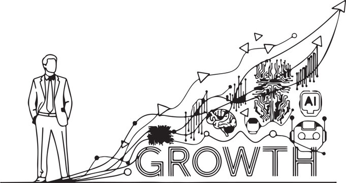 "Business growth vector illustration showing executive silhouette with technology icons and upward arrows symbolizing innovation and progress"