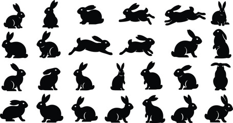 Fototapeta premium Vector art black rabbit silhouette set showing multiple poses side view sitting standing jumping leaping running and hopping in rows flat minimal icons for design project