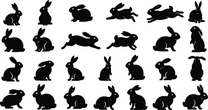 Vector art black rabbit silhouette set showing multiple poses side view sitting standing jumping leaping running and hopping in rows flat minimal icons for design project