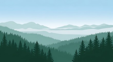 Fototapeta premium Serene Mountain Landscape with Lush Green Forest and Misty Peaks.