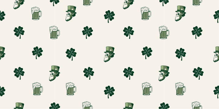St. Patrick's Day Seamless Pattern with Leprechauns and Shamrocks. Vintage Irish Folklore Pattern with Green Clovers and Beer Mugs.