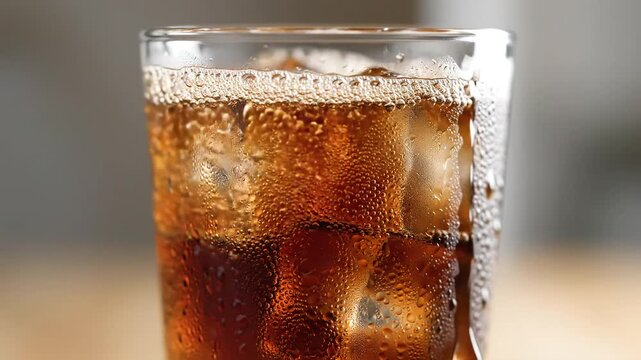 Closeup shot of cola being poured into a glass filled with ice cubes creating refreshing bubbles and a fizzy drink for a hot summer day.