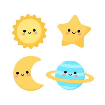 Cute sun moon star and planet icon illustration