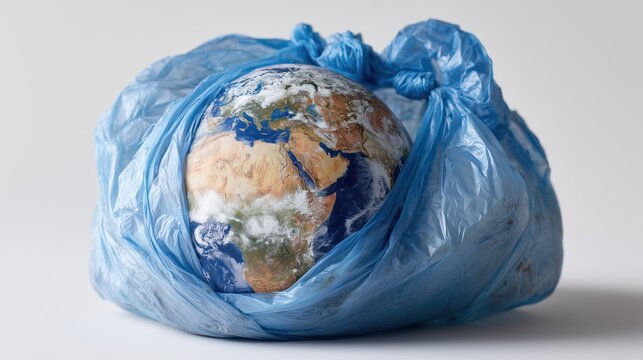 Planet earth trapped inside a blue plastic bag representing pollution.