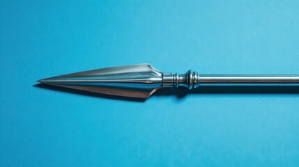 Long spear gleams against a vibrant blue backdrop